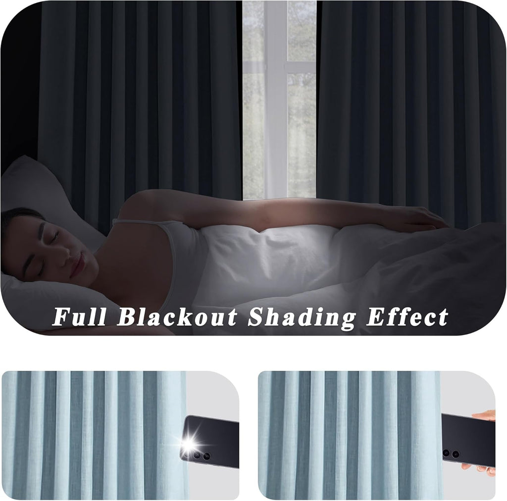 Dusty Blue Pinch Pleated Full Blackout Curtains Linen Texture Thermal Insulated Window Treatment Panel 84 Inch for
