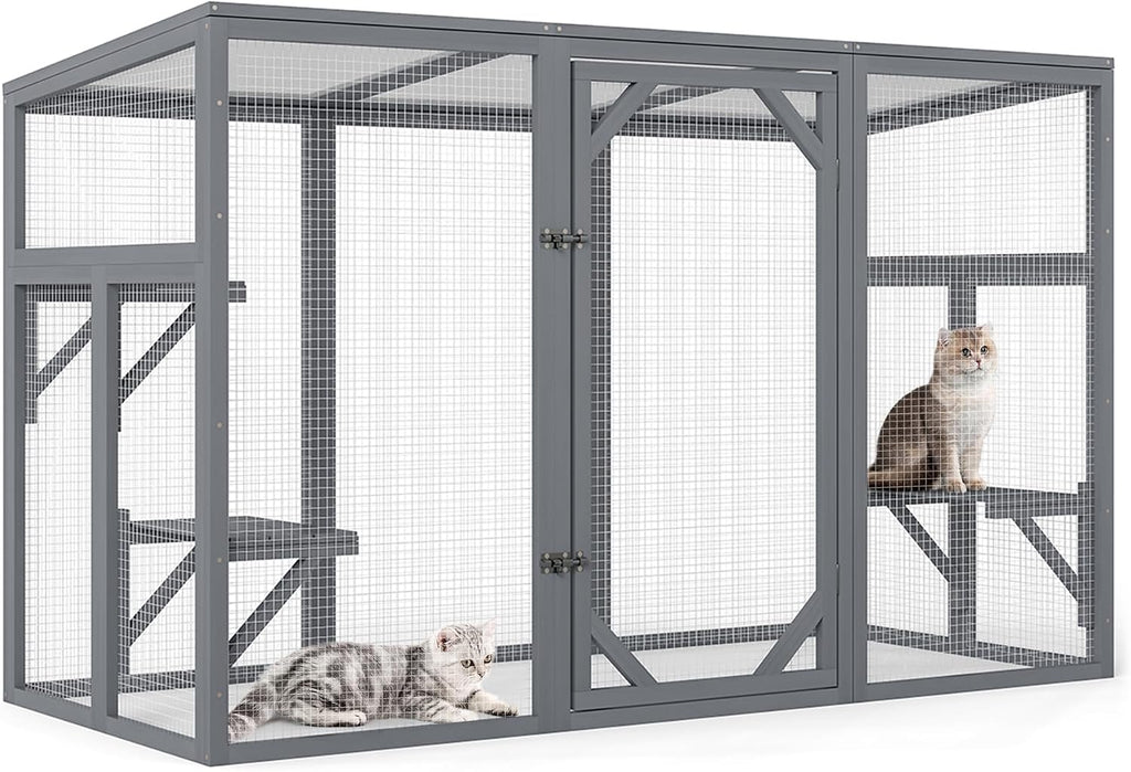 Outdoor Cat Catio House, Wooden Cat Habits with 3 Platforms, Lockable Doors, Top PC Sun Roof, Patio Yard Window