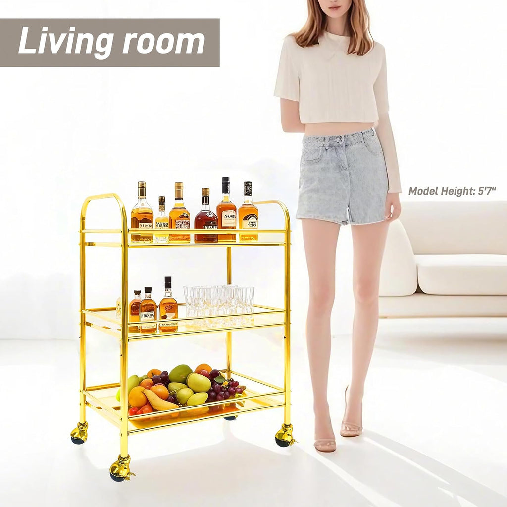 3-Tier Gold Stainless Steel Bar Cart with Lockable Wheels,Home bar | Wheels upgrated,Electroplated golden