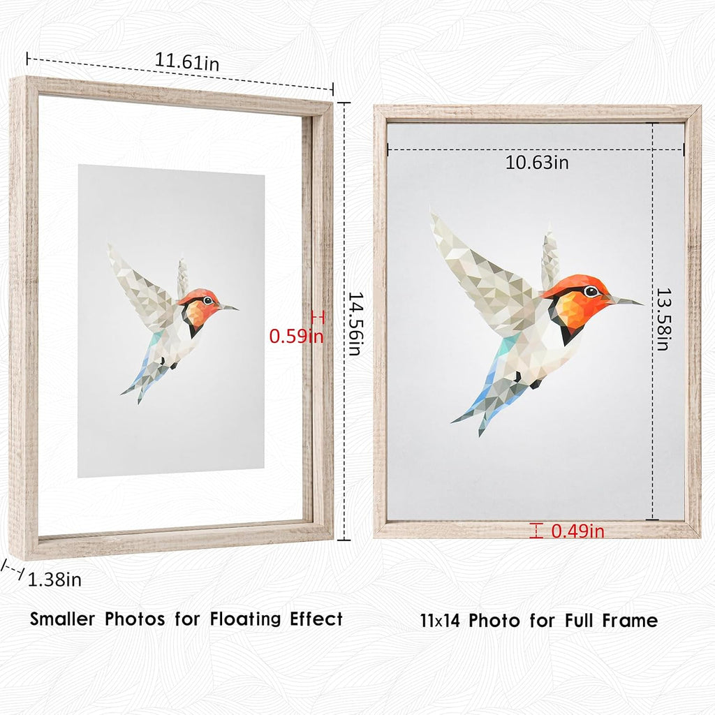 11x14 Floating Frames Distressed Beige White Wood Pattern,Double Glass Picture Frame Set of 2 Display Any Size Photo