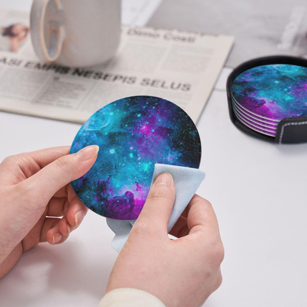 Trippy Galaxy Drinking Coasters PU Leather Coaster with Holder, 6pcs