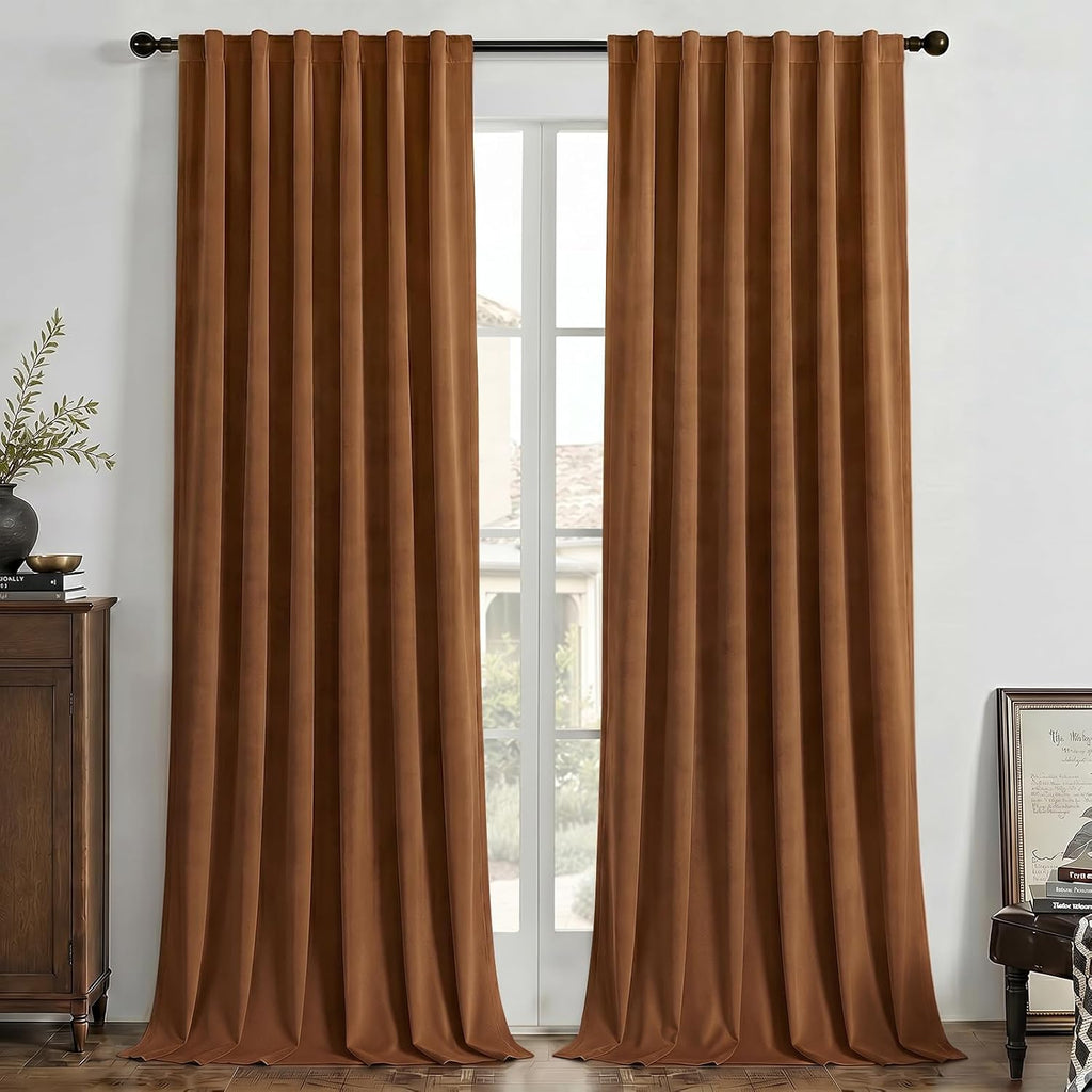 Golden Brown 100% Blackout Curtains 96 Inch 2 Panels, Luxury Thermal Brown Velvet Curtains for Bedroom Living Room