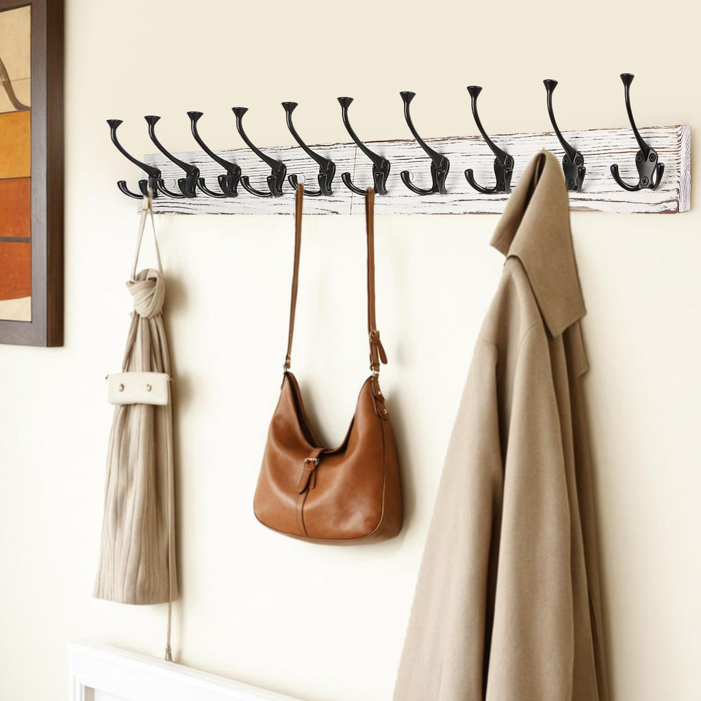 Vintage White Wall Mounted Coat Rack, 34" Long with 10 Tri-Hooks