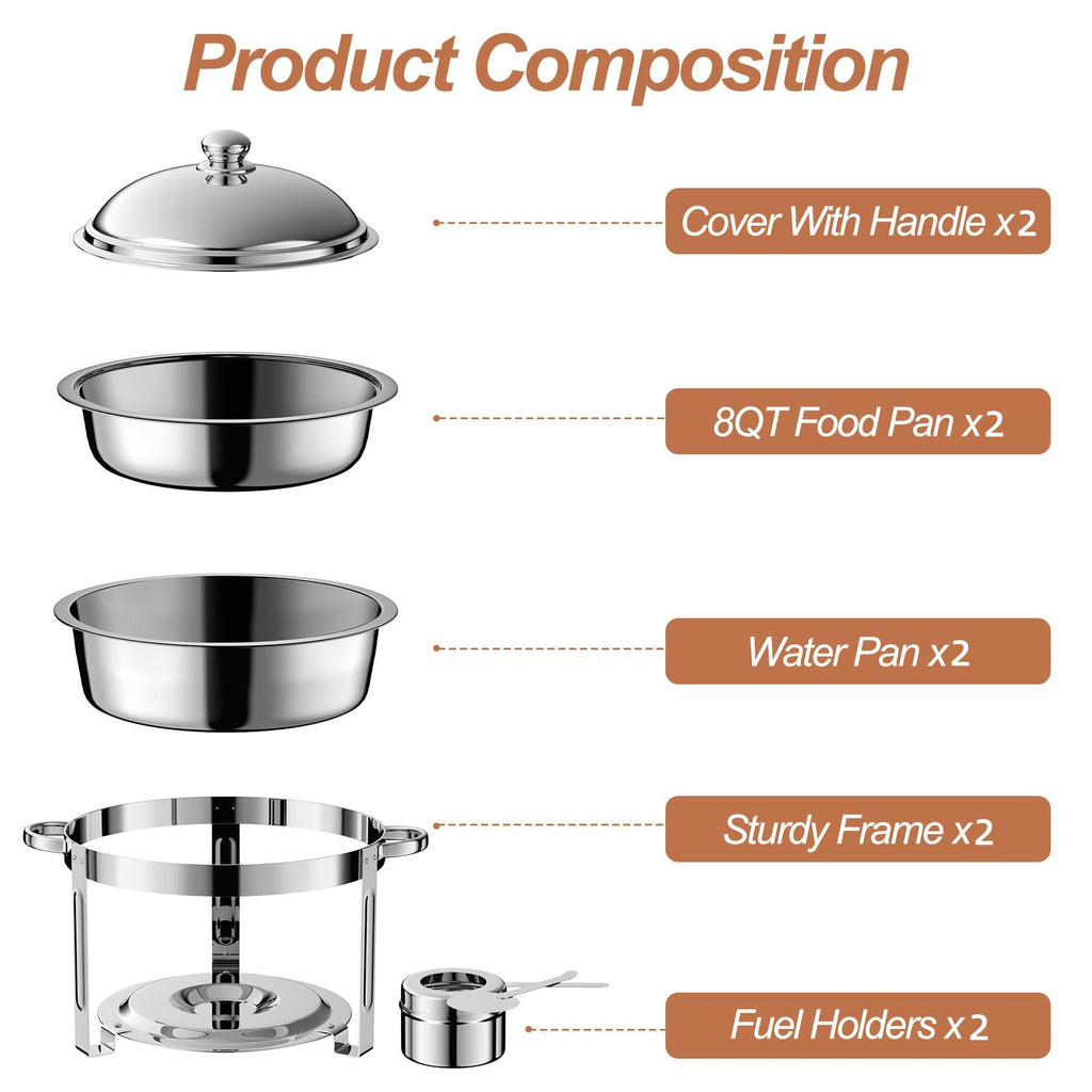 2 Pack 8QT Round Chafing Dish for Buffet Set with Lids, Silver