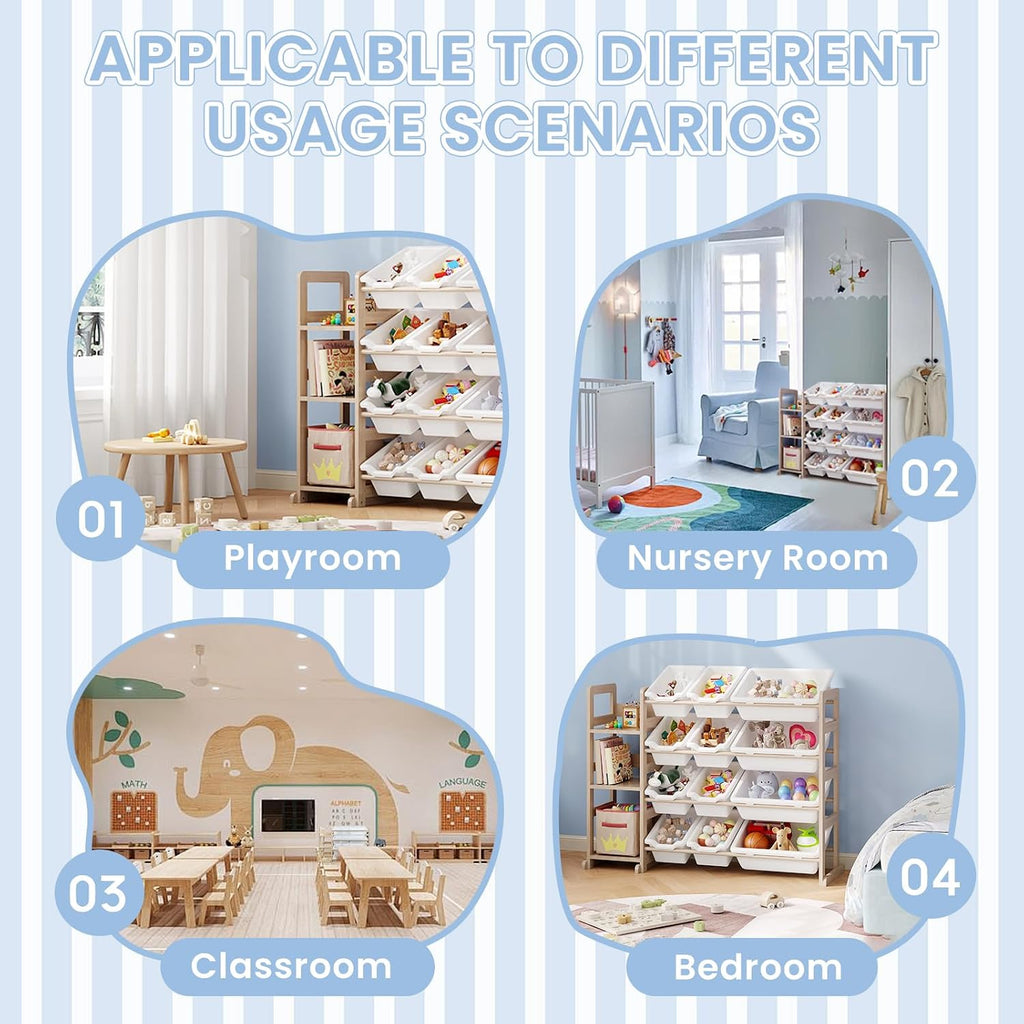 Toy Storage Organizer - Toy Organizers and Storage with Bookshelf, Toy Storage Shelf with 3 Shelves and 12 Storage
