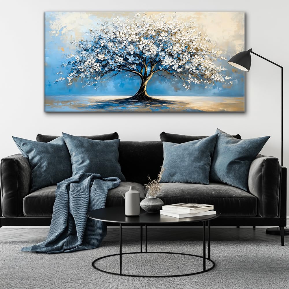 Contemporary Tree of Life Wall Art Office Navy Blue White Floral Canvas Painting Prints Nature Artwork over the Couch