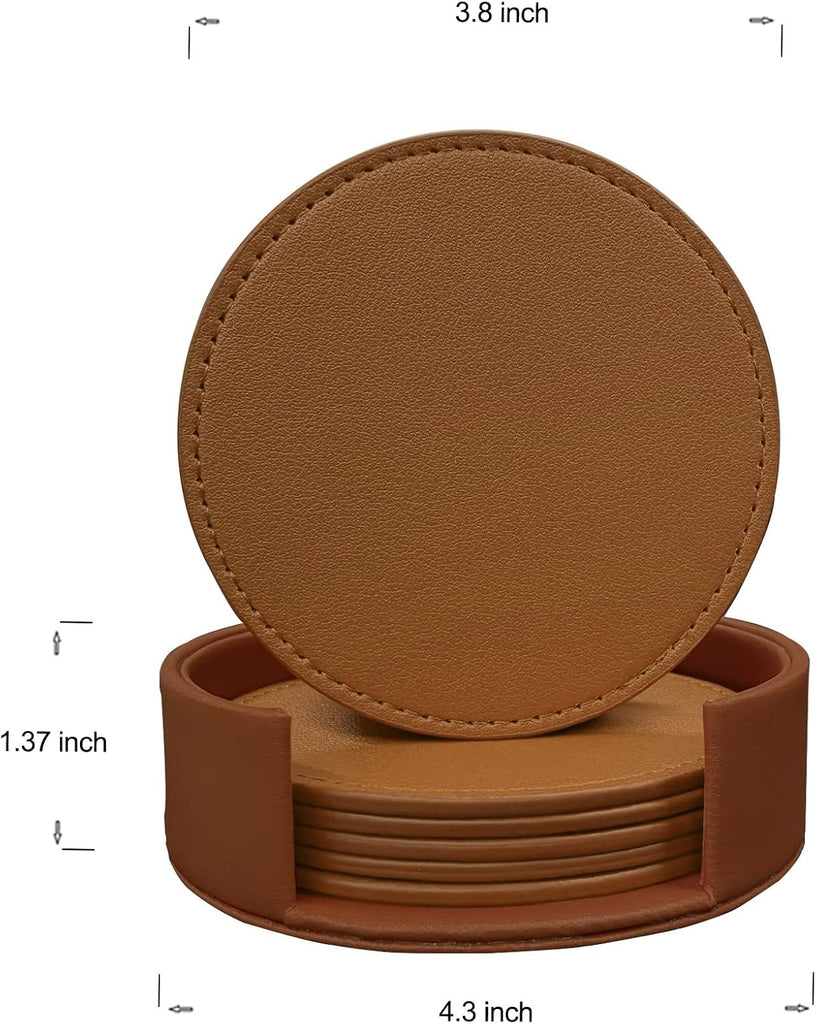 Coasters Soft Leather Drink Coaster Round Coaster with Sewing Around, Suitable for Various Cups, Wooden - Set of 6