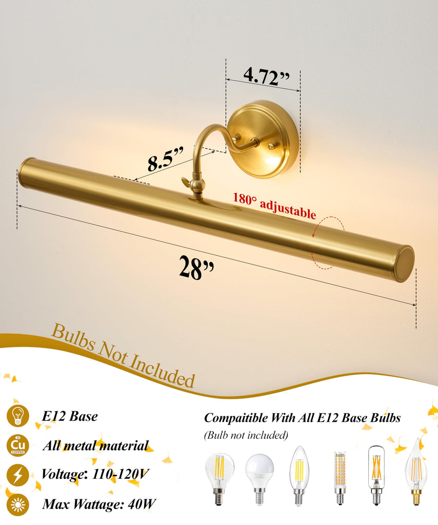 Hardwired Picture Lights for Wall,28 Inch Brass Vintage Picture Sconce,E12 Base,330° Rotatable,4-Light Gallery Art