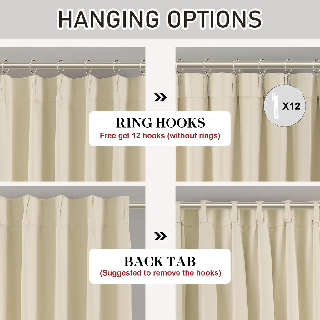 Cream Pinch Pleated Blackout Curtains with Hooks - 144 inches Extra Long Room Darkening Thermal Insulated Window