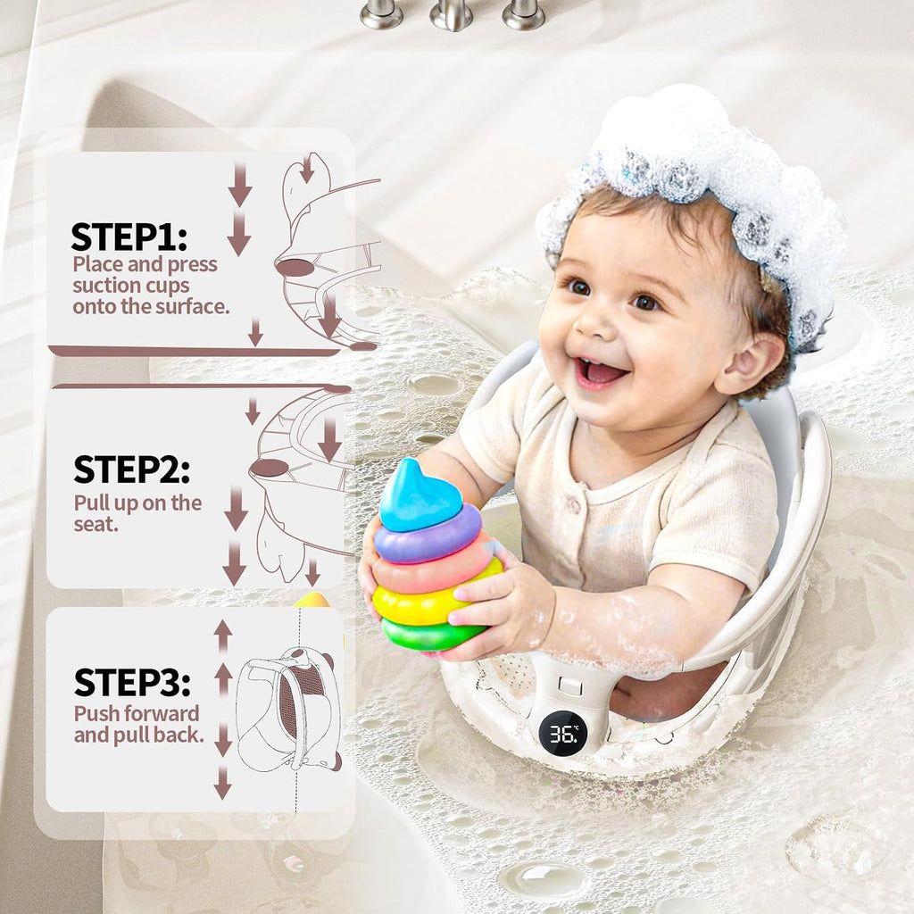 Bath Seat 6+ Months with Temp Display Non-Slip Suction Base Tub Seat