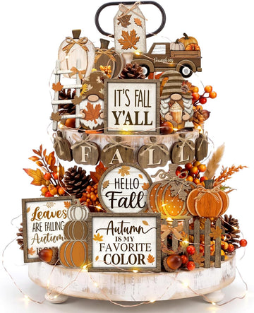 Fall Tiered Tray Decor Set, Thanksgiving Wooden Table Sign - Set of 20