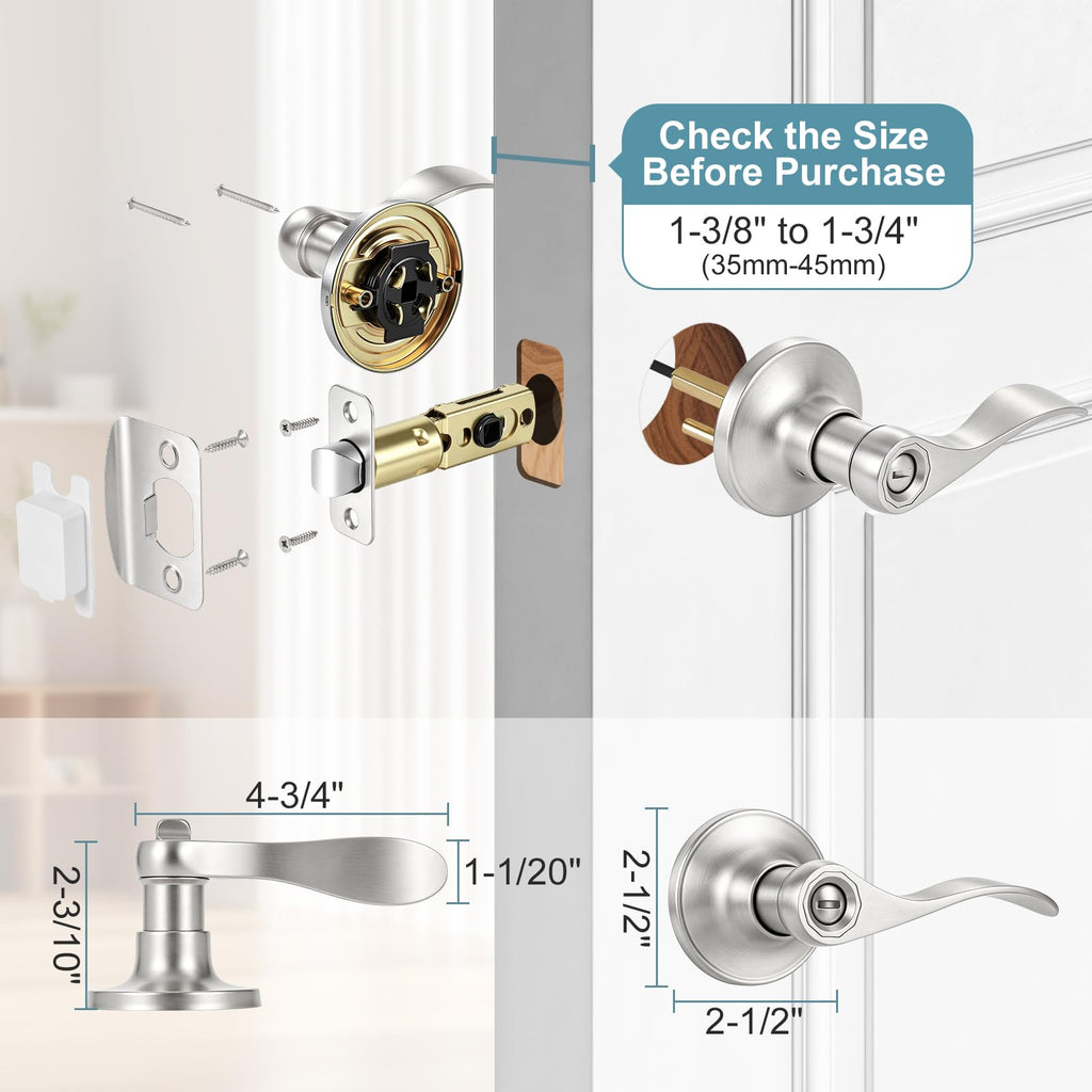 Privacy Door Levers Interior Door Handles, Keyless Interior Door Knobs Bathroom, Heavy Duty Zinc Alloy Reversible