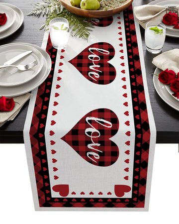 Cotton Linen Table Runner Dresser Scarf Valentines Day Red and Black Buffalo Check Plaid Love Non-Slip Burlap