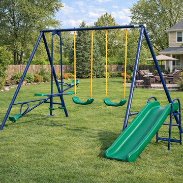 5 in 1 Swing Set for Kids Backyard, Heavy Duty A-Frame Metal Swing Sets with Slide Seesaw Glider Bench Swing Outdoor