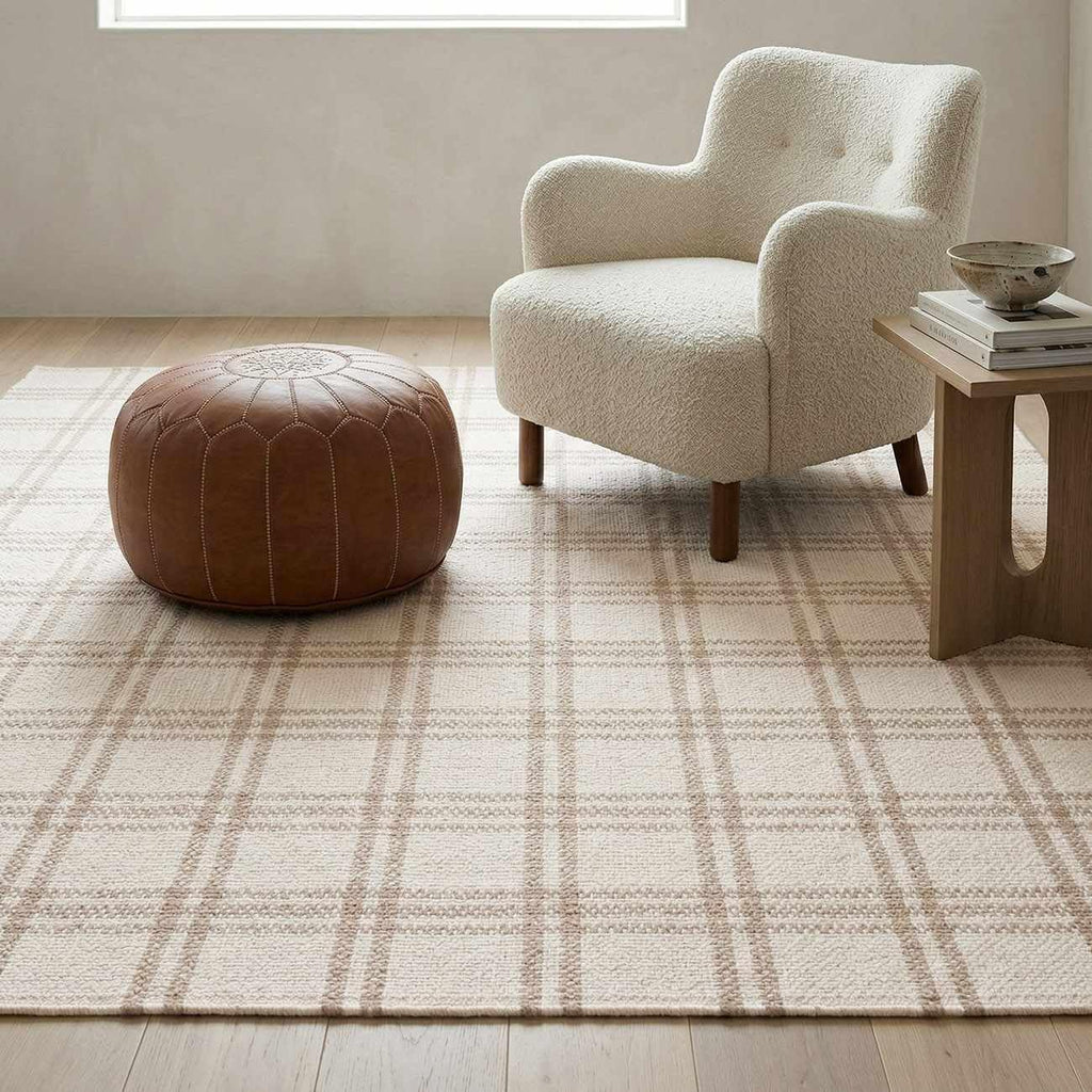 Dhyana Wool Living Room, Bedroom Area Rug - Plaid Checkered Geometric Striped - Contemporary Farmhouse Modern