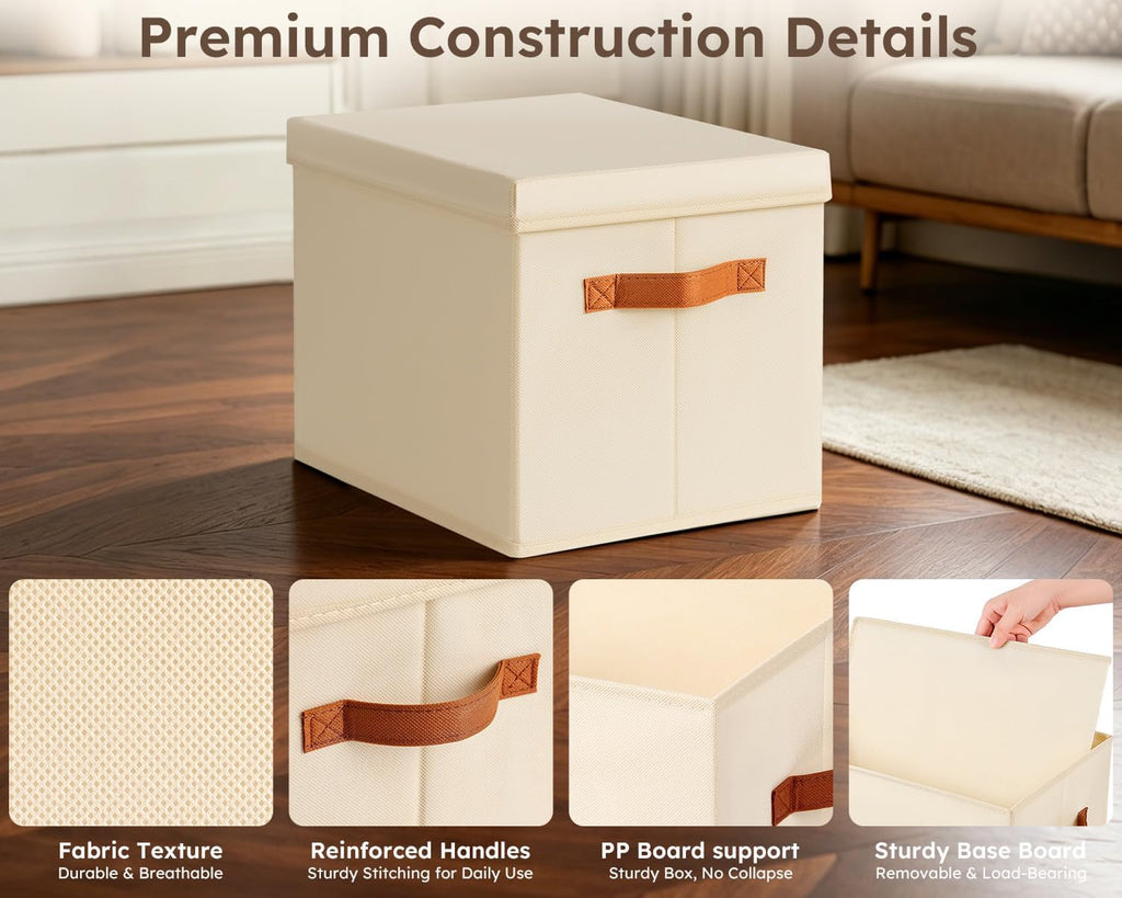 Storage Bins with Lids - Fabric Storage Baskets for Shelves, 6 Pack Foldable Decorative Boxes with Handles, Stackable