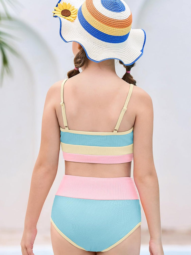 Girls Swimsuits Bikini Set Adjustable Straps Two Piece Color Block Girls' Swimwear with Chest Pad