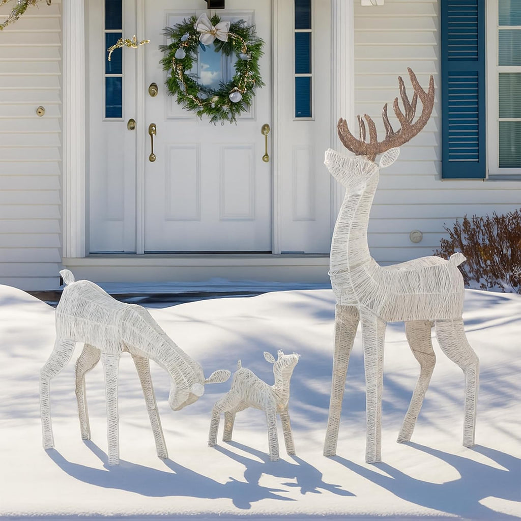 3-Piece Lighted Christmas Golden Reindeer Family Set, 5FT White Buck Doe Fawn Outdoor Decorations, Weatherproof Deer