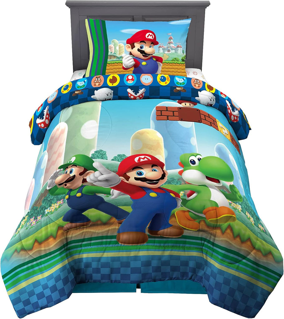 Super Mario Kids Twin Bedding, 4 Piece Super Soft Cozy Reversible Comforter and Sheet Set, (Officially Licensed Product)
