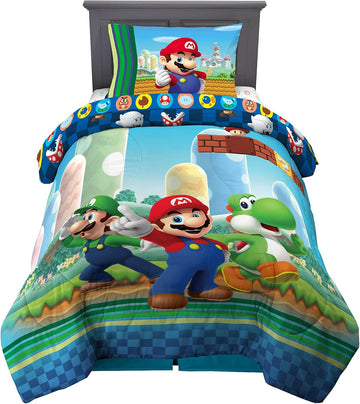 Super Mario Kids Twin Bedding, 4 Piece Super Soft Cozy Reversible Comforter and Sheet Set, (Officially Licensed Product)
