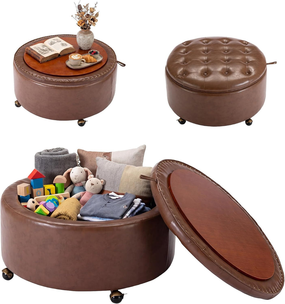 29" Large Round Storage Ottoman with Tray , Brown | Modern PU Leather Coffee Table Ottoman with Storage & Wheels
