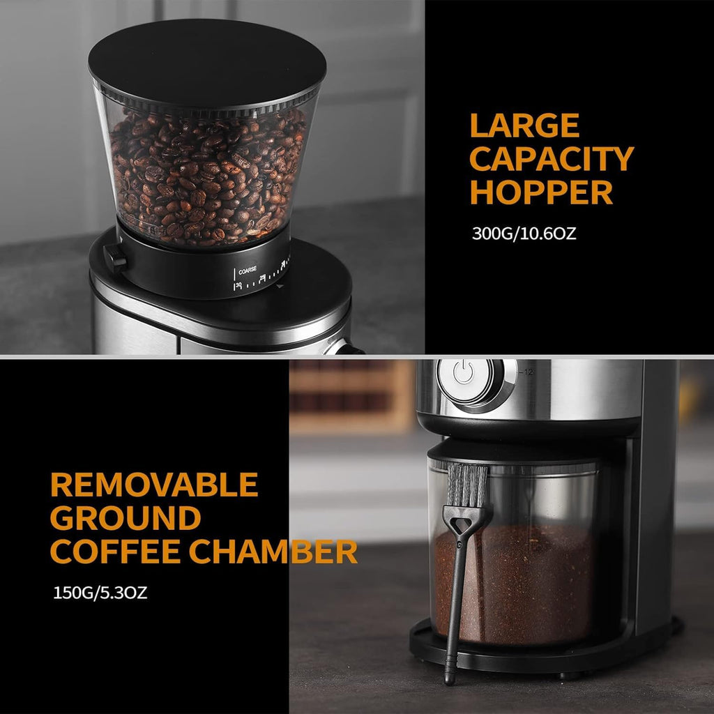 Burr Coffee Grinder, Electric Conical Coffee Bean Grinder With 30 Adjustable Grind Settings For 2-12 Cups, Sliver &