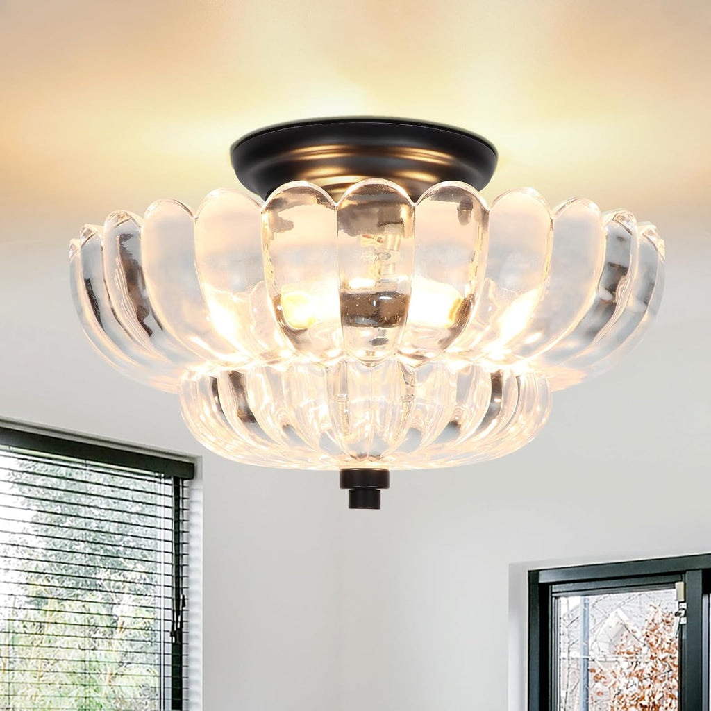 11.8-Inch Black Semi Flush Mount Ceiling Light, Modern 3-Light Clear Glass Chandelier Light Fixture Kitchen Bathroom