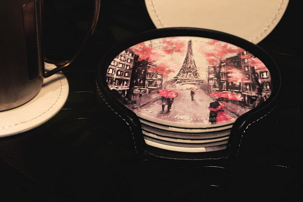 France Eiffel Tower Coasters For Drinks With Holder Leather Coasters Table Decor Protect Furniture From - Set of 6