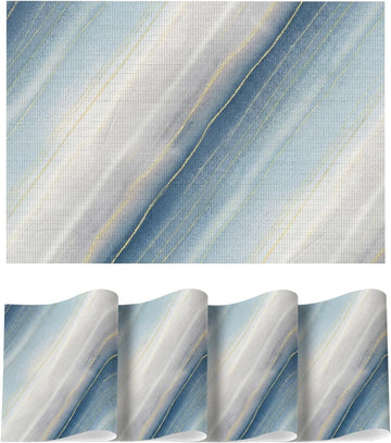 Boho Gradient Dusty Blue Vinyl Placemats, Heat Resistant Woven Plastic PVC Place Mats for Farmhouse Party - Set of 4