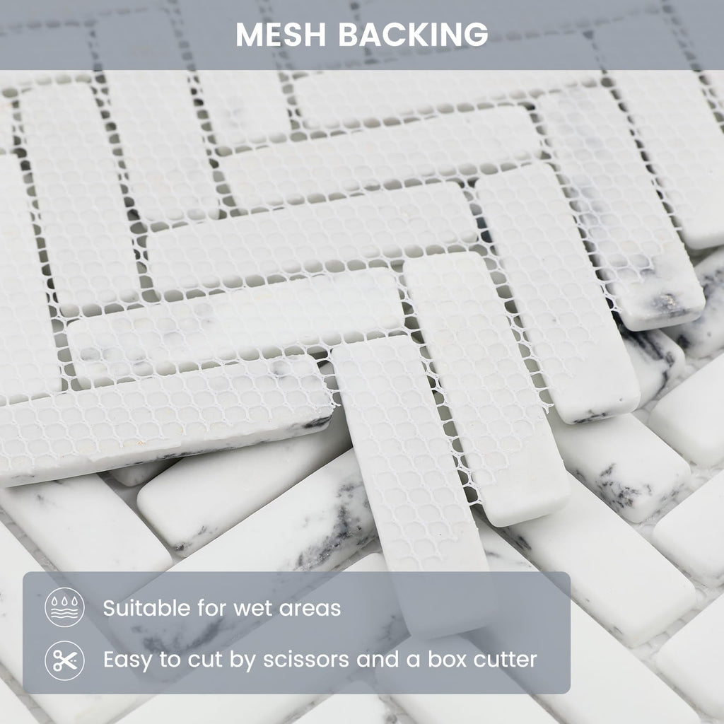 Carrara Herringbone Marble Look Recycled Glass Mosaic Backsplash