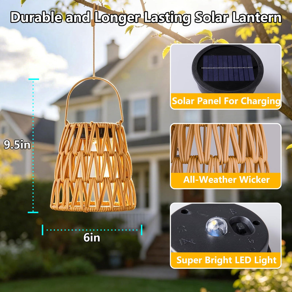 Solar Lanterns Outdoor Waterproof 2 Pack, Hanging Solar Boho Lights for Outside Tree, Decorative Rattan Outdoor