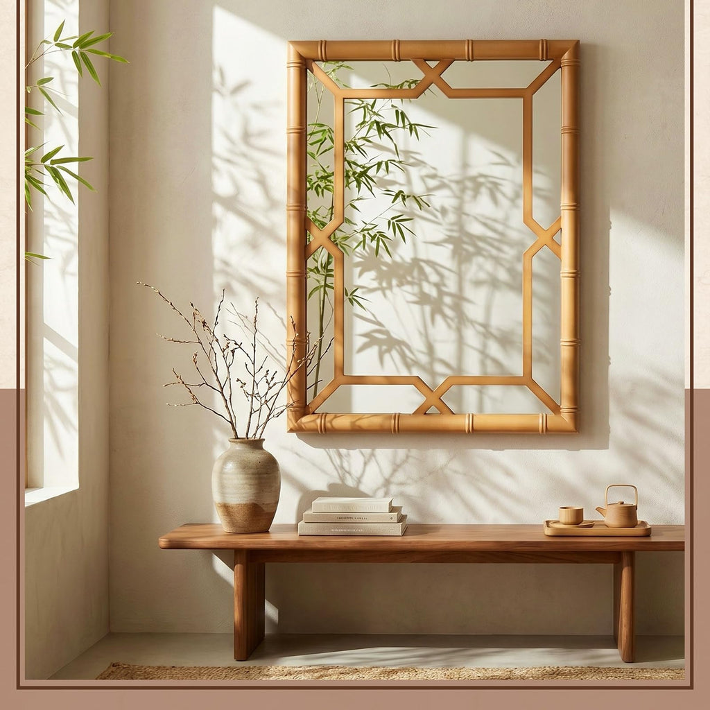 Bamboo-Look Frame Wall Mirror Decor, 23" ×31", Natural Wood