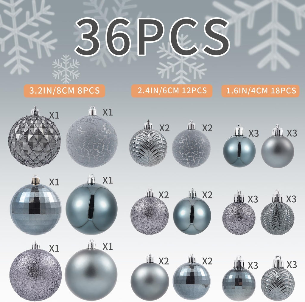 Gery Christmas Balls for 2026 Christmas Tree Ornaments - Set of 36