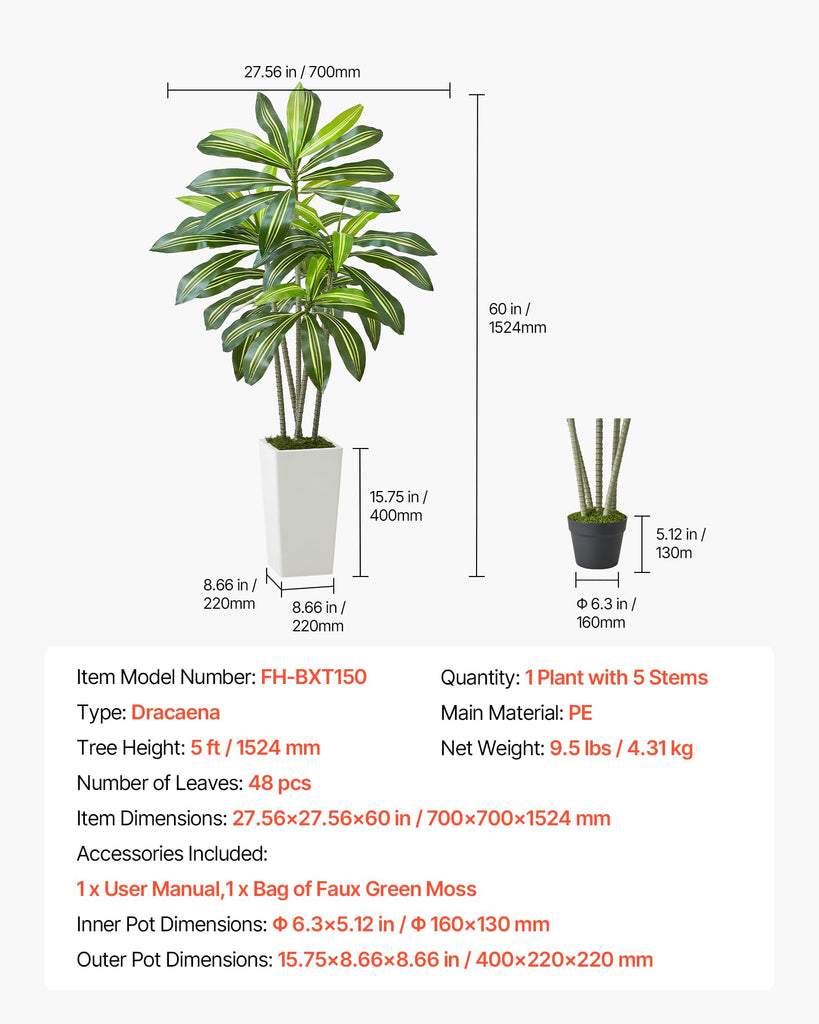 Artificial Dracaena Tree 5 ft, Fake Palm Tropical Plants with White Tall Planter, Faux Floor Silk Plant in Pot, Large