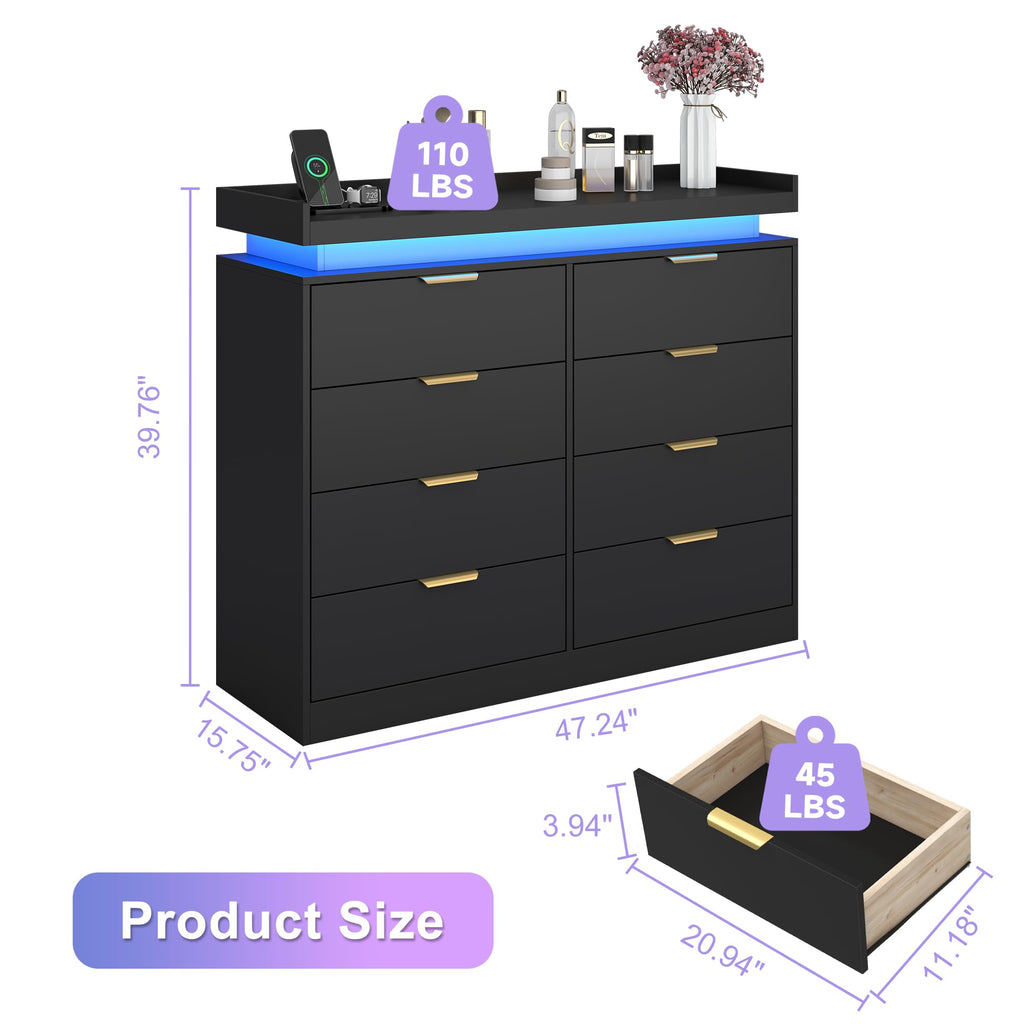 8 Drawer Dresser, Black Dresser with LED Lights and Power Outlet, Wooden Dressers Chests of Drawers, Double Wide