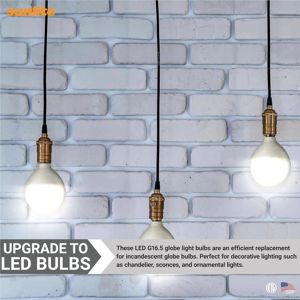 G16.5 Light Bulb LED, 7 Watts (60W Equiv.), 500 Lumens, Dimmable, Type G Globe Shape E12 Candelabra Base, Short