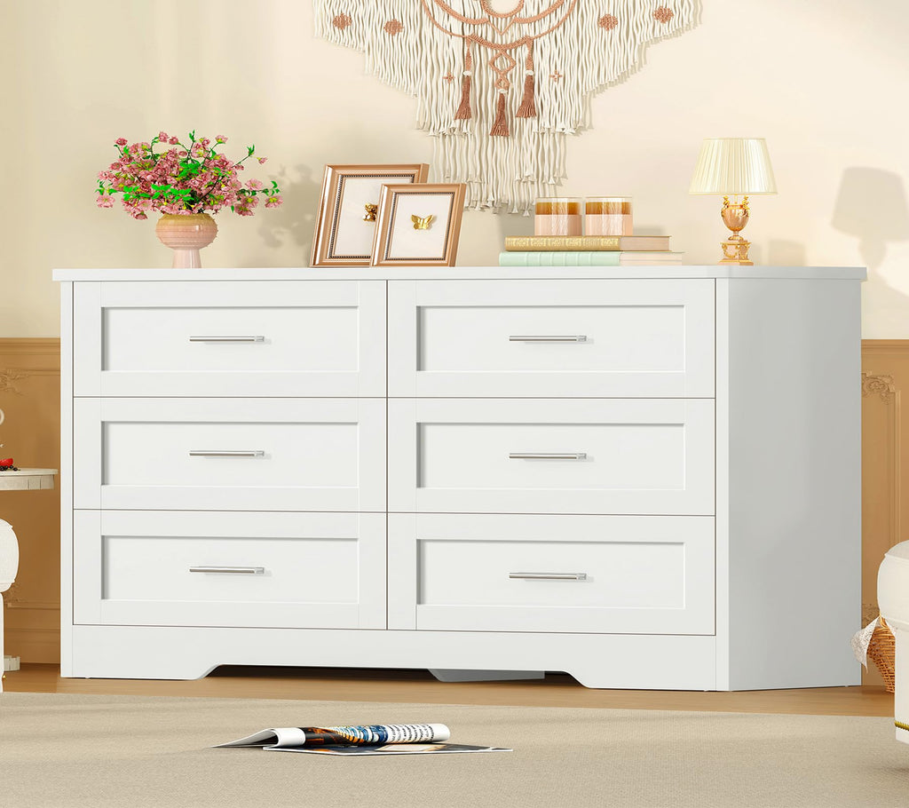 42.1"W White, Modern 6 Drawer with Metal Handles, Wood Dressers & Chest of Drawers, Wooden Closet Clothes Storage