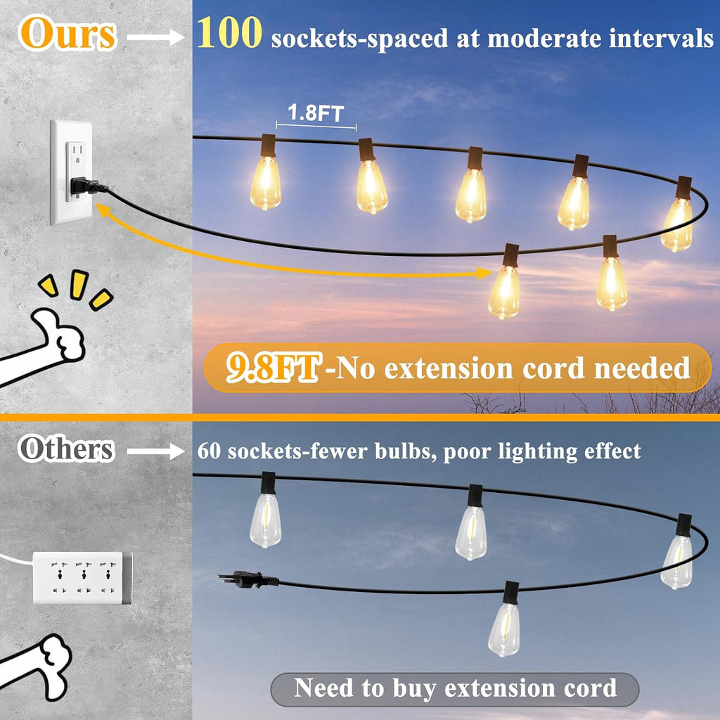 Outdoor String Lights 200FT Waterproof, Patio String Lights for Outside with 100+4 ST38 Shatterproof LED Filament