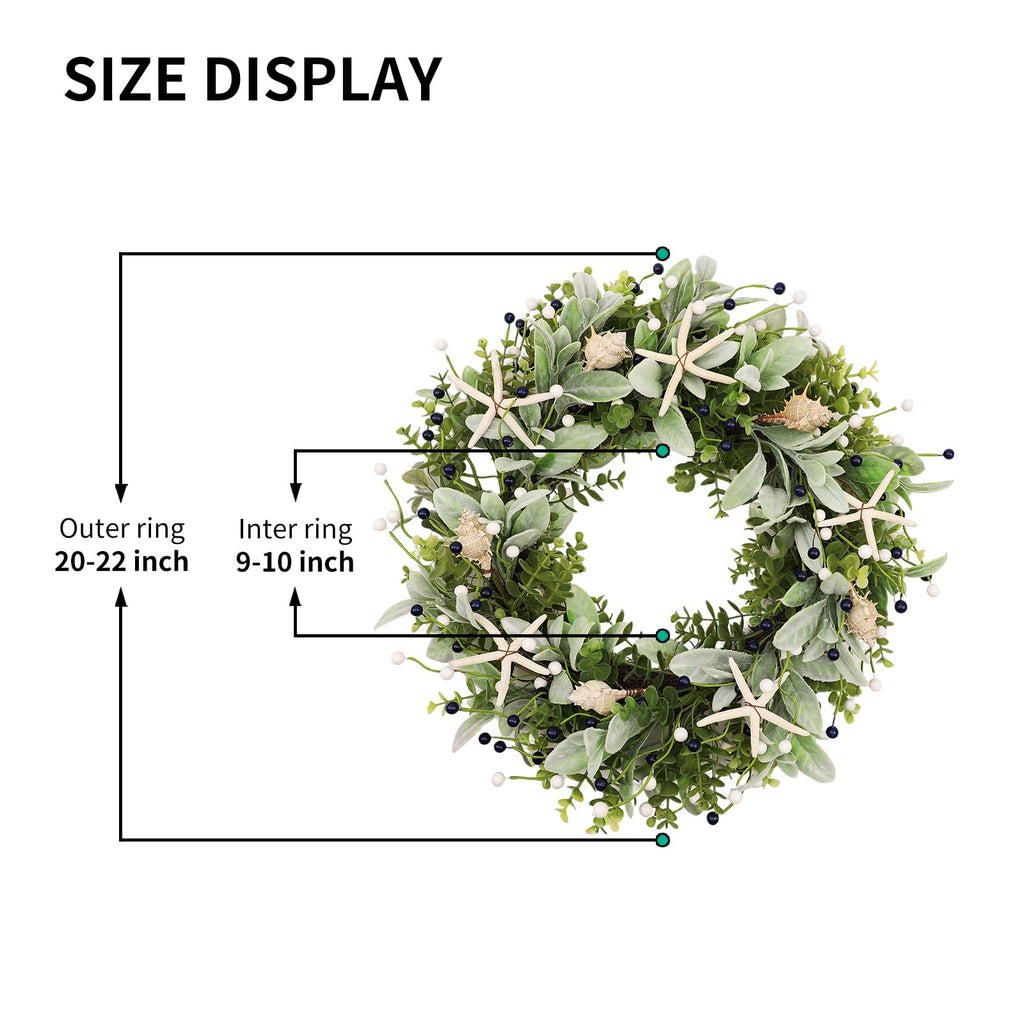 22 Inch Coastal Summer Beach Wreaths for Front Door, Artificial Eucalyptus Greenery Wreath with Starfish Conch