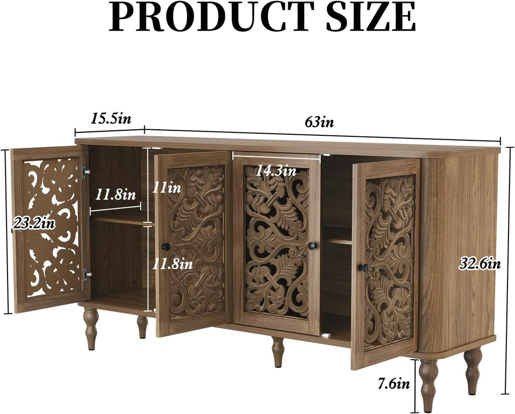63" Retro Arc Carved Sideboard Buffet Cabinet, 4 Craft Doors Wooden Accent Credenza for Living Room, Dining Room