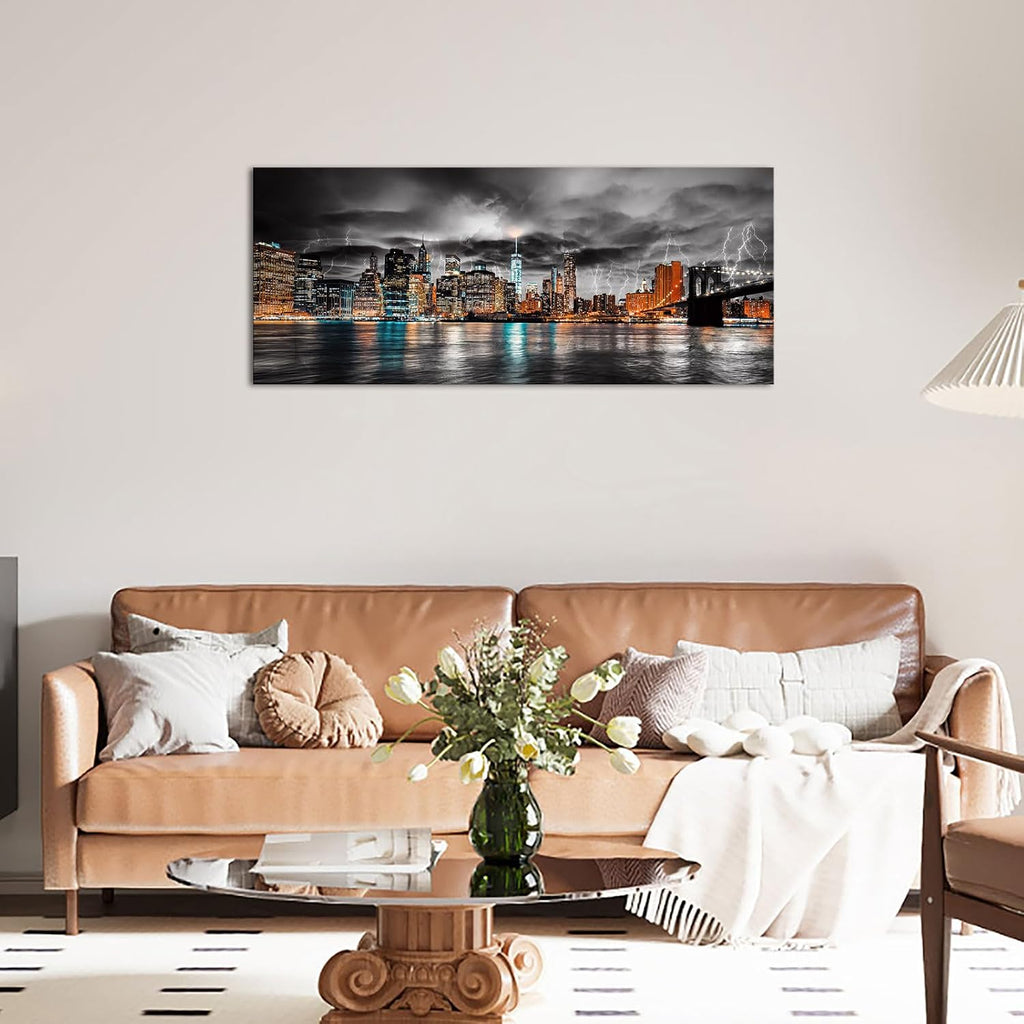 New York City Canvas Wall Art Manhattan Skyline Lightning Storm Cityscape Picture Prints Night Landscape Modern Large