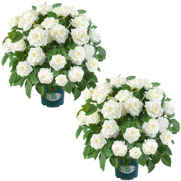 Artificial White Rose Plant, 18" UV Resistant Faux Flowers in Pot for Outdoor Porch Decor, Patio Garden Entryway