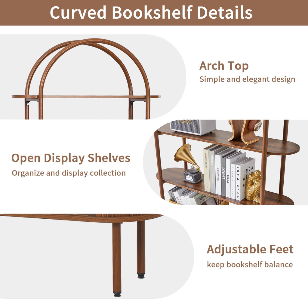71" Tall Arched Bookshelf, Mid Century Modern Bookcase