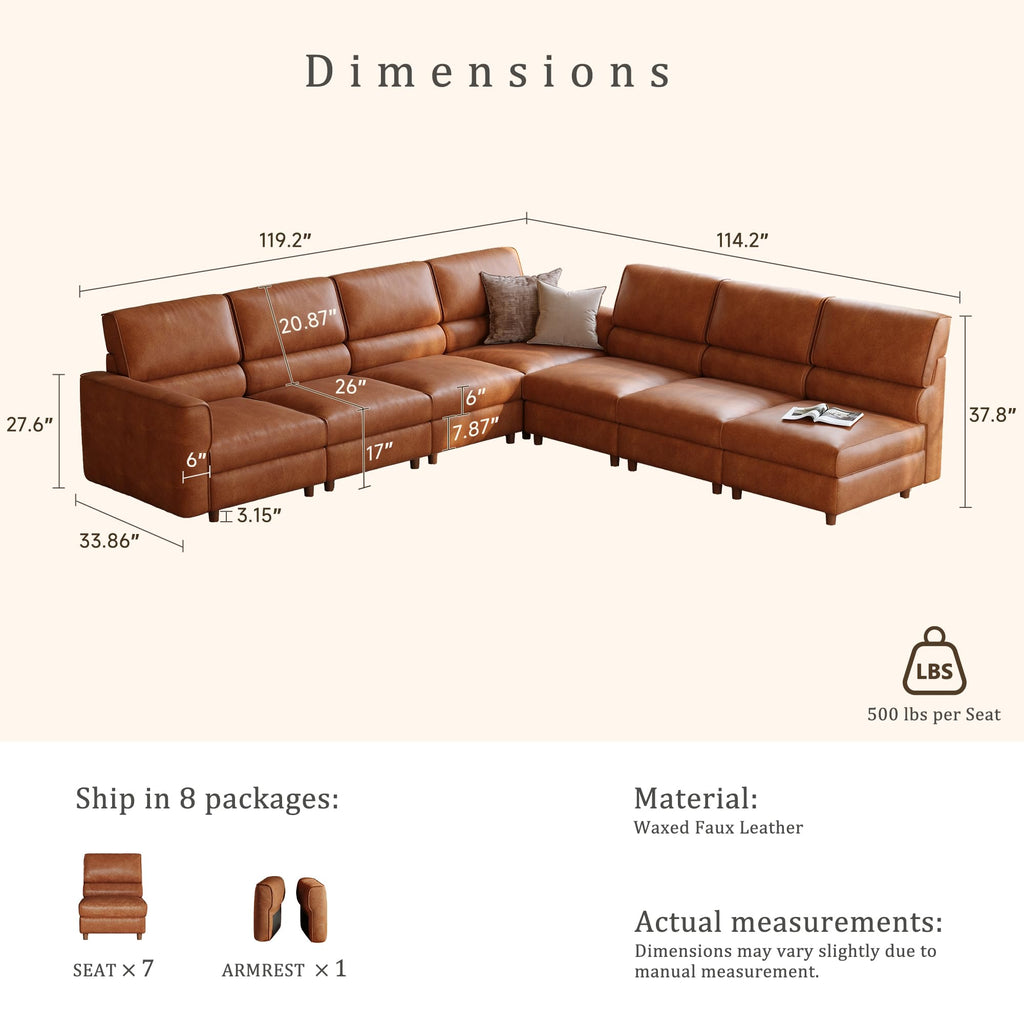 119.2" Leather Modular sectional couches, with storage, Brown