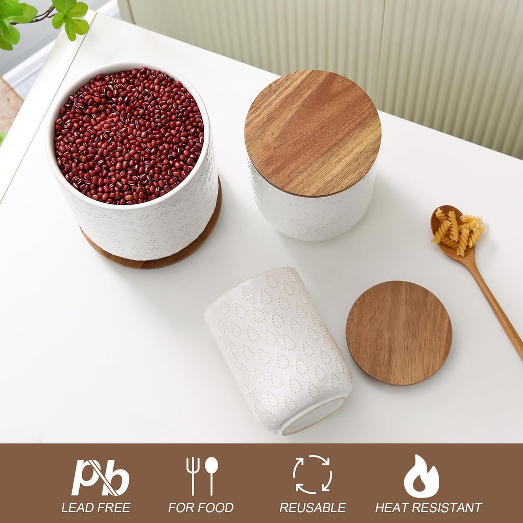 Canisters Sets for the Kitchen, White Ceramic Canister Set with Airtight Wood Lids, Embossed Food Storage Jars - Set of 3