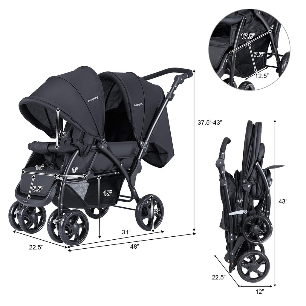 Double Stroller, Foldable Lightweight Twin Stroller with Tandem Seating, Adjustable Backrest/Canopy/Footrest, Point