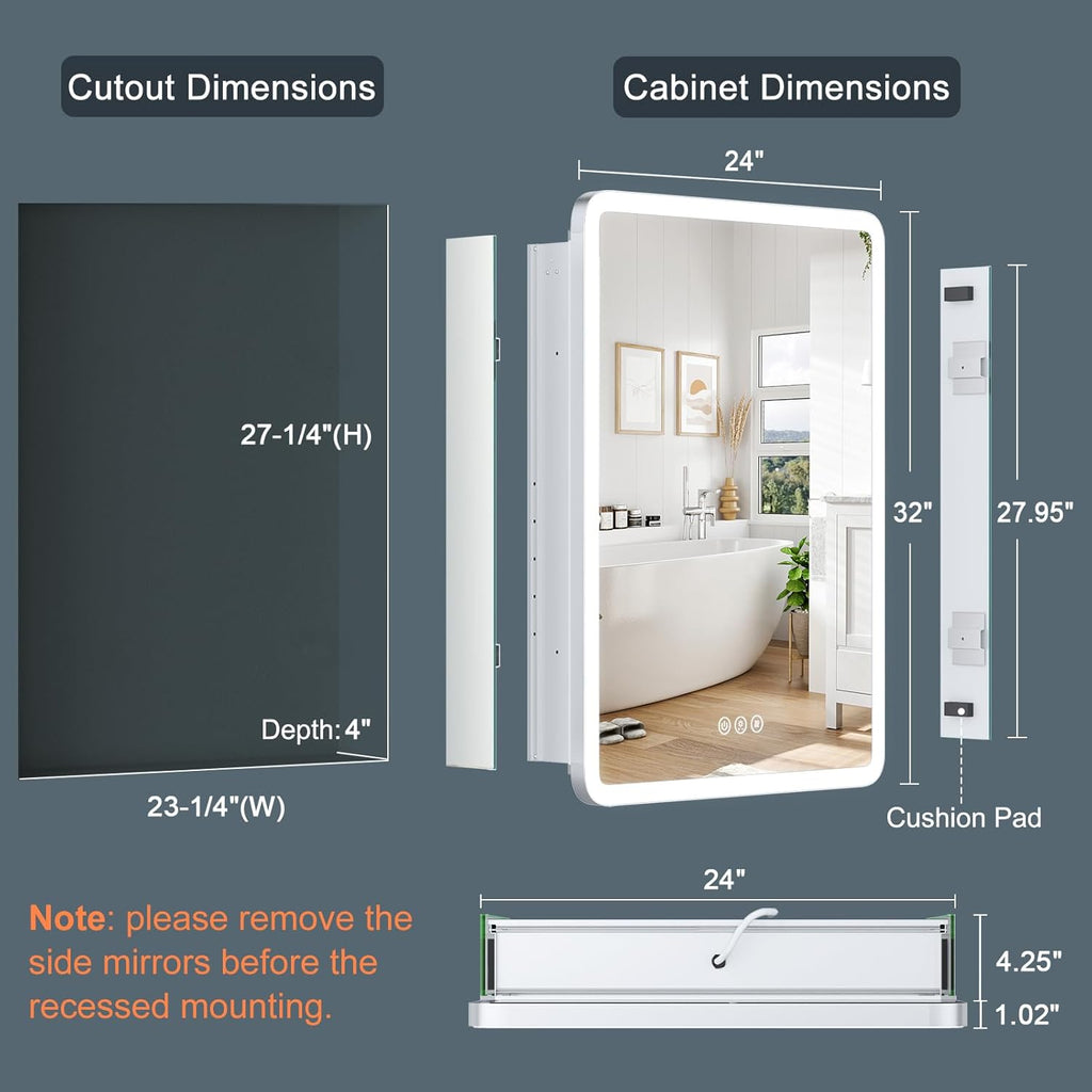 24x32 Medicine Cabinet with Lights (Left-Hinged), AL Alloy Frame, 2 Outlets +1 USB +1 Type-C, Recessed or Surface