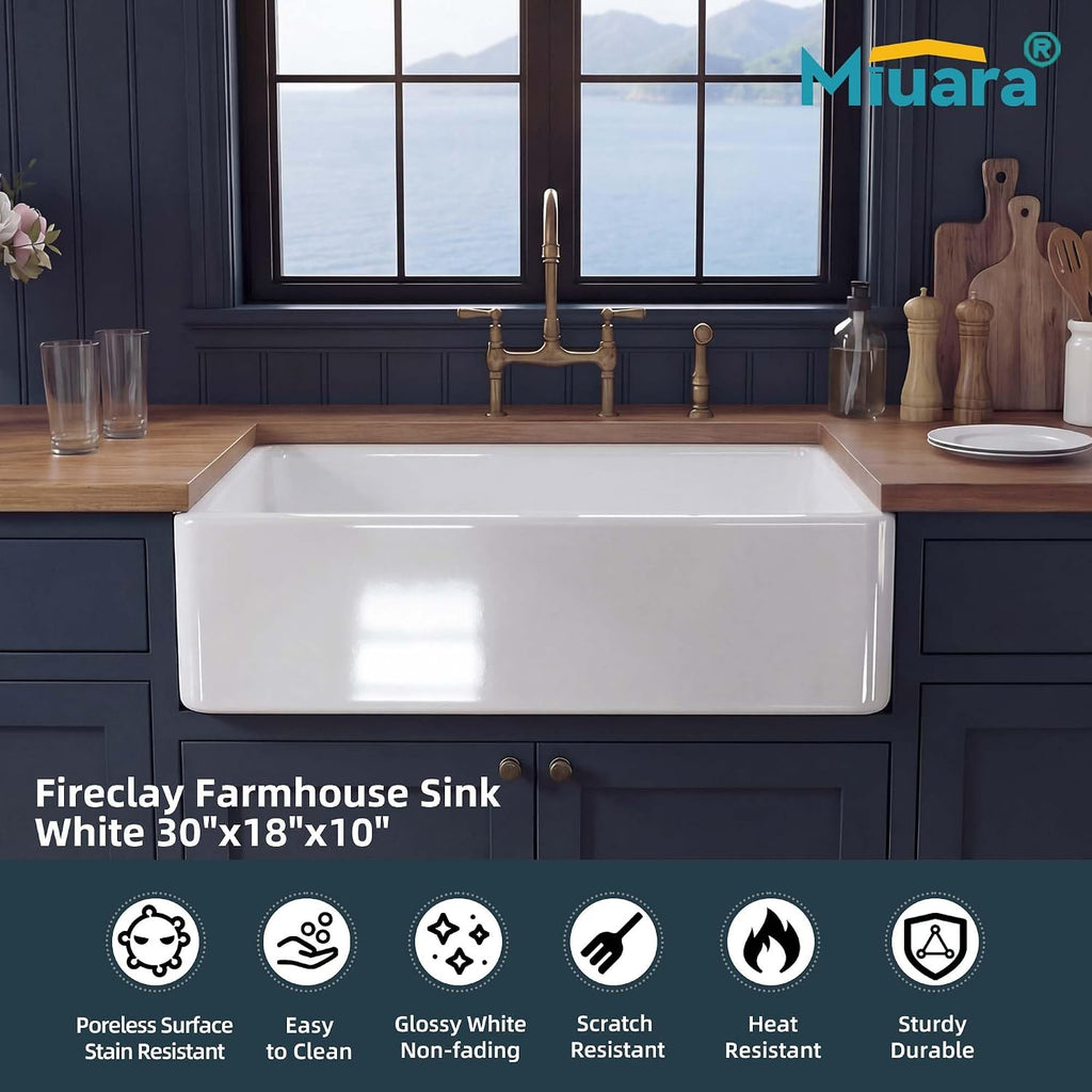 Farmhouse Sink 30 x 18 Inch White Fireclay Apron Front Kitchen Sink | , Heavy duty fireclay single bowl, Resistant to