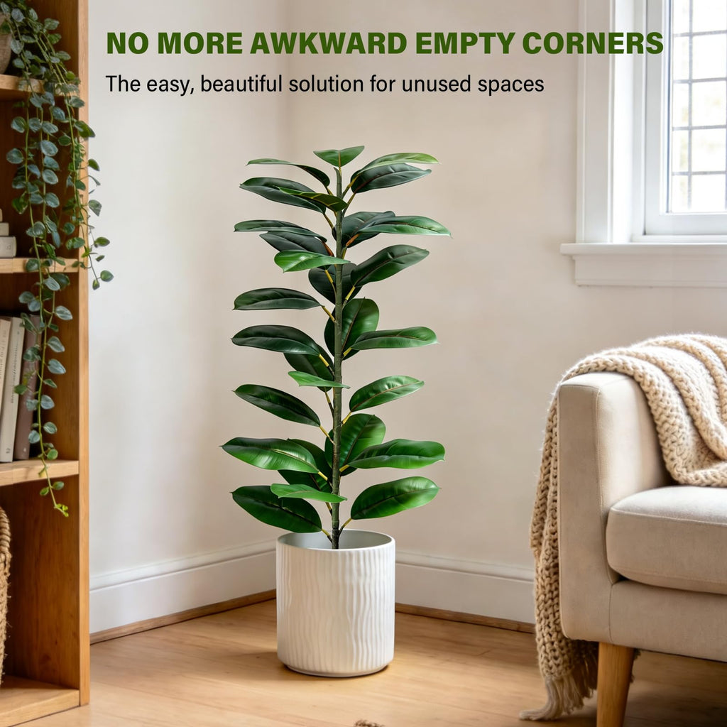 2 Pack Rubber Tree Floor Plant Fake Tree Indoor Fake Plants Artificial Plants Medium Faux Plants Bathroom Bedroom