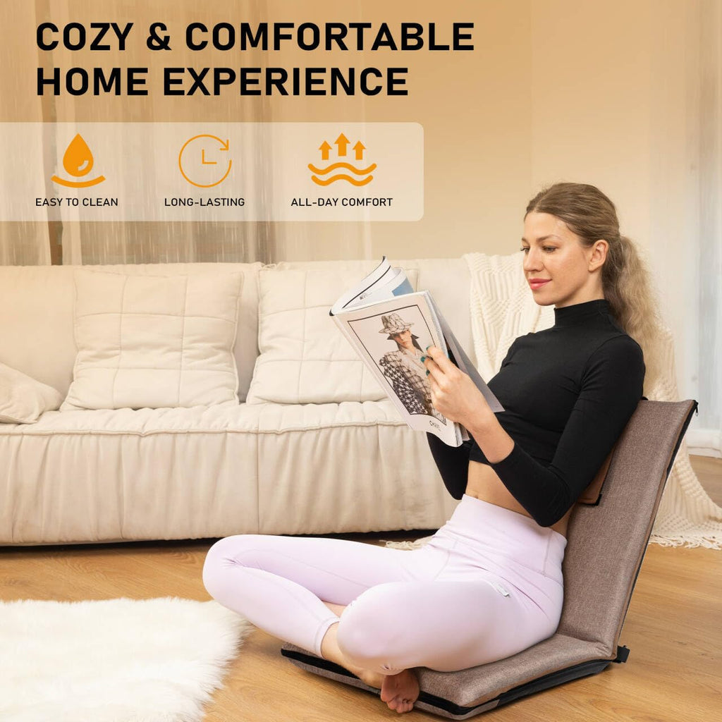 Floor Chair with Back Support Foldable Meditation Seat, Coffee